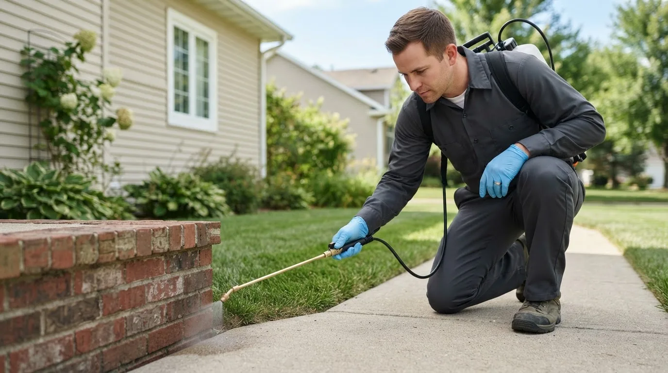 Pest control technician treating a home near New Boston, IL