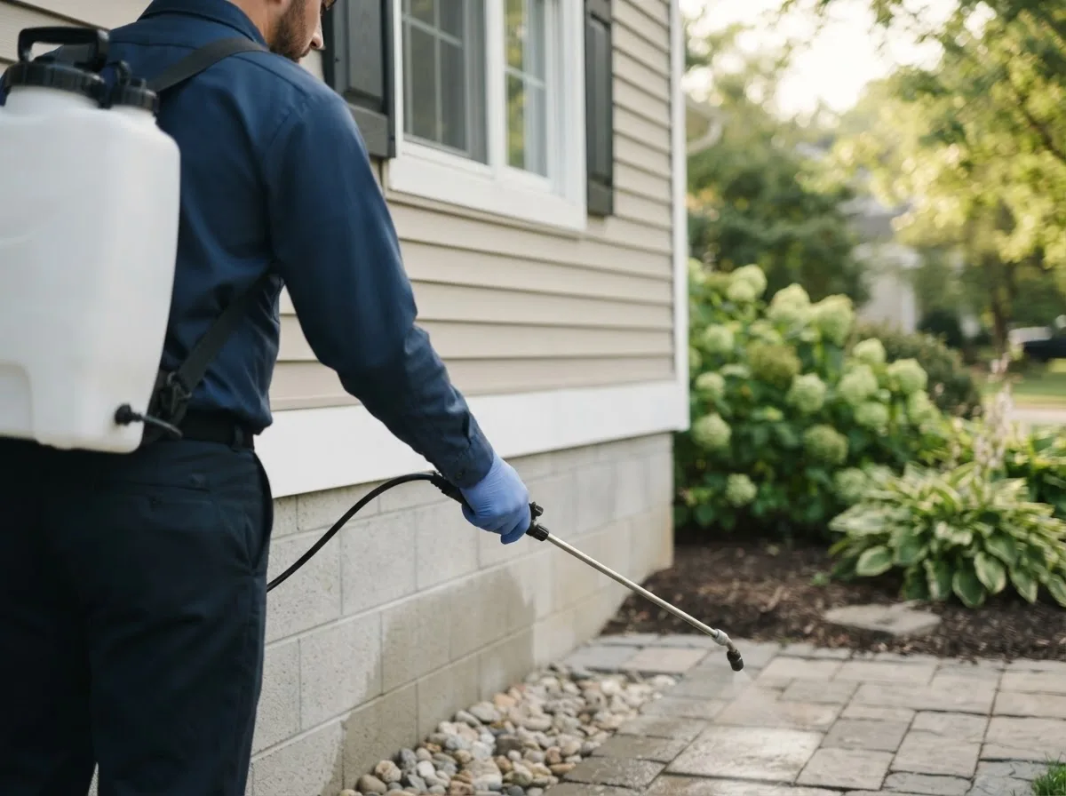 Pest control technician inspecting a home in New Boston, IL